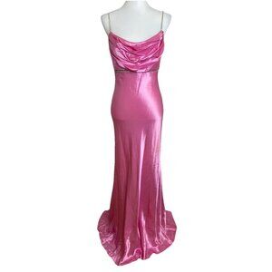 Vintage Cache Pink Y2K Satin Long Bias Cut Prom Slip Dress Gown Rhinestone Sz 6